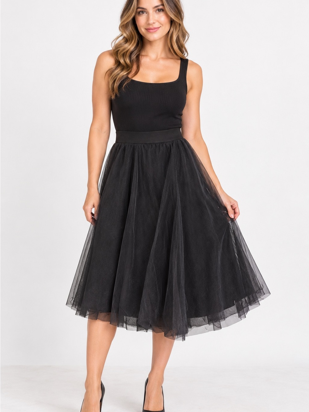 Charlotte Russe Black Layered Tulle A-Line Midi Skirt – Medium